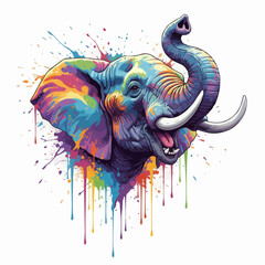 Vibrant elephant head illustration. Side view, trunk up, colorful splash art, dynamic. © Nofriyan
