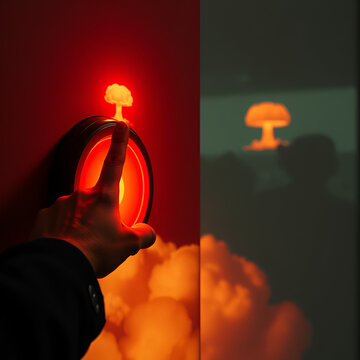 A psychopath man pressing the nuclear launch glowing red button which will destroy the whole world , pre apocalypse time point , doomsday , judgment day
