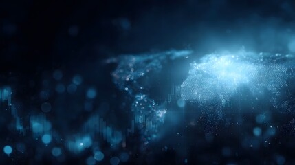 A glowing digital world map overlaid with financial charts and bokeh effects representing global technology and finance