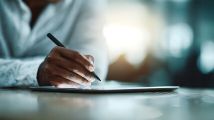Hand using a stylus on a digital tablet representing modern work and productivity