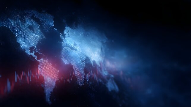 Global map with a red financial graph overlay symbolizing economic downturn set against a dark futuristic digital background