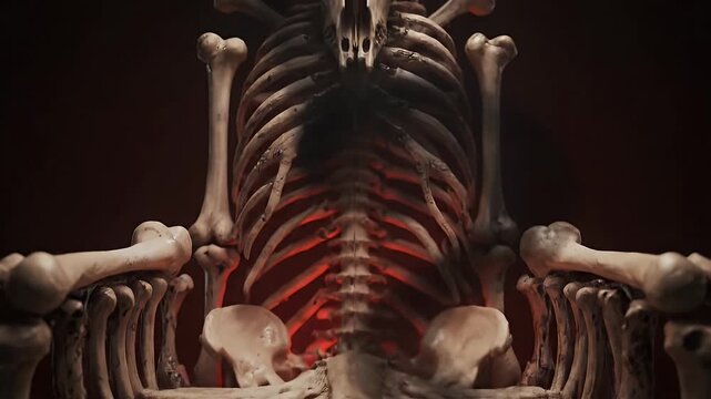 Close-up of a grotesque, horned skeletal creature emerging from a glowing red abyss, surrounded by a macabre arrangement of bones and an eerie, dark atmosphere.