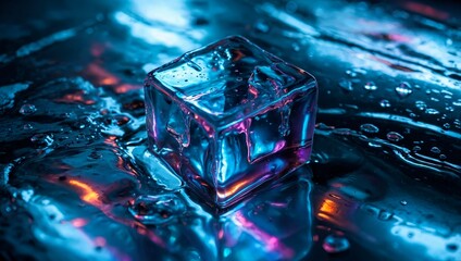 Fresh cold neon pink and blue tint frozen ice cube on a dark reflective surface.	