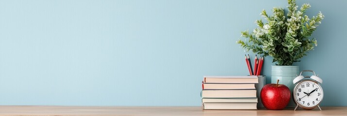 Cozy Study Space with Books, Clock, Apple, and Green Plant Decor