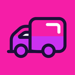 Flat vector illustration of a delivery truck in vibrant purple and pink colors on a bright pink background