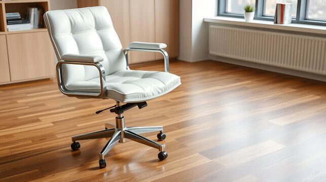 Modern white leather office chair on polished wood floor - Powered by Adobe
