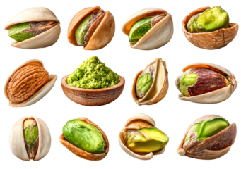 Pistachios collection featuring whole nuts and open shells with green kernels visible, natural snack displayed in multiple angles, isolated presentation with organic set for healthy food concept