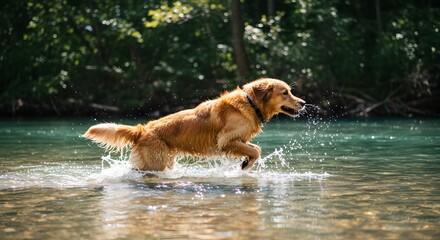 Golden retriever running in river
