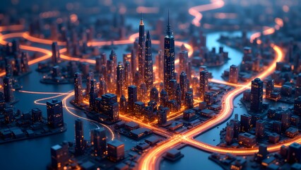 Majestic Cityscape with Glowing Lights and Waterways at Dusk