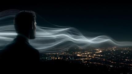Silhouette of Man Overlooking Cityscape at Night with Light Trails and Abstract Data Flow