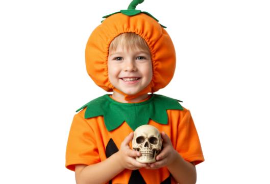 Smiling boy in pumpkin costume holding skull isolated on white background