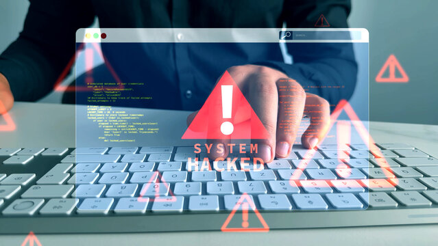 Cybersecurity breach concept with hacked system, malware attack, data theft and digital vulnerability. Abstract visualization of hacker intrusion and cybercrime	
