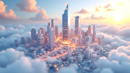 Majestic City Skyline Above Clouds at Sunrise with Modern Architecture