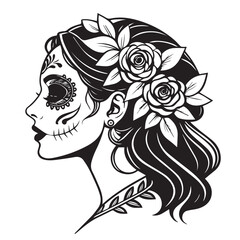 Elegant day of the dead woman with roses in her hair isolated on white background, showcasing intricate sugar skull makeup and a serene expression, embodying the spirit of remembrance and beauty