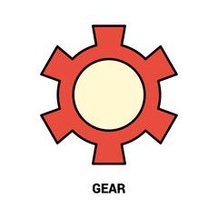 Simple vector illustration of a red gear icon with a light yellow center and black outlines