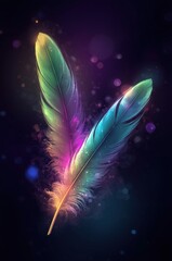Obraz premium Two vibrant, luminous feathers in a rich spectrum of colors, radiating against a dark background, showcasing an ethereal and imaginative design.