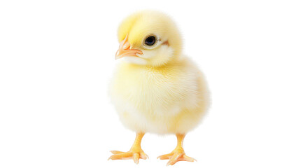 Obraz premium A cute. fluffy yellow chick standing on a white background. its soft feathers and bright eyes. ideal for animal-themed projects. educational materials. and springtime promotions
