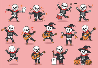 Vector art of a whimsical halloween celebration unfolds with skeletons joyfully playing instruments and dancing amidst musical notes, bats, and festive bunting, all set against a soft pink backdrop