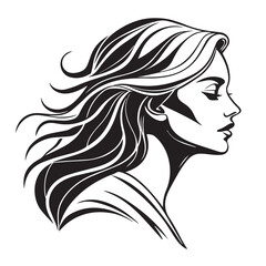 Elegant woman with flowing hair isolated on white background, showcasing a serene profile with detailed facial features and dynamic hair movement, rendered in a striking black and white contrast