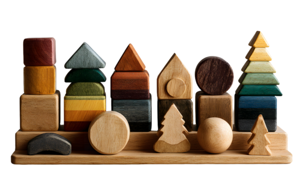 Wooden puzzles collection with knob handles and geometric shapes, natural toy pieces designed for children learning and play, isolated presentation with educational set for early development concept