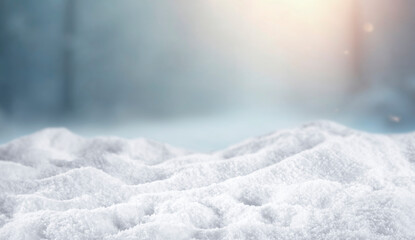 Winter and Christmas scene with fresh white snow and clean copy space for product placement or text. Frosty winter landscape with seasonal holiday mood background.