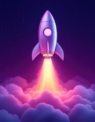 A vibrant rocket ship soars through a vibrant night sky, launching into a sea of colorful clouds.