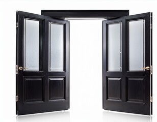 open black double doors with glass panes isolated on white