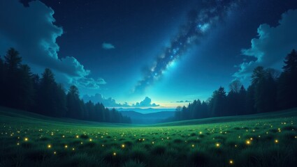 A vast meadow bathed in the ethereal glow of fireflies, under a night sky filled with a vibrant milky way.