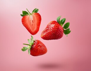 two whole strawberries and one sliced strawberry levitating against a pink background