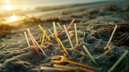 A collection of sticks and branches sticking out of the sand on a beach - Powered by Adobe