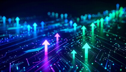 Fototapeta premium An abstract image depicting digital data streams and arrows moving upwards, symbolizing growth and progress
