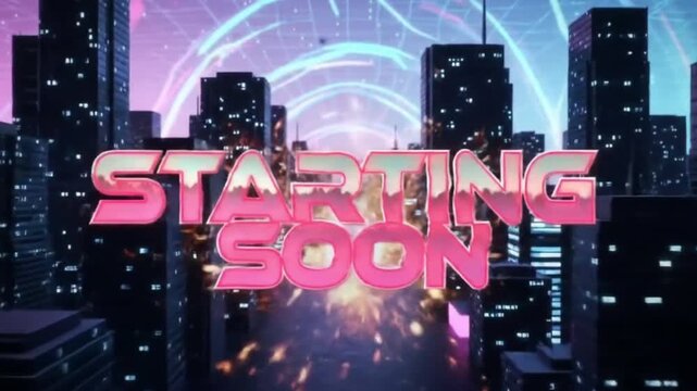 Prominent starting soon text over a futuristic city skyline. Perfect for event promotions, digital media, and business announcements online.
