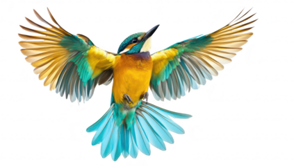 A bird with striking blue and orange feathers is captured in mid-flight against a white background. its wings spread wide. symbolizing freedom and grace