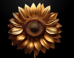 a golden outlined sunflower with detailed center on a solid black color background in a centered view