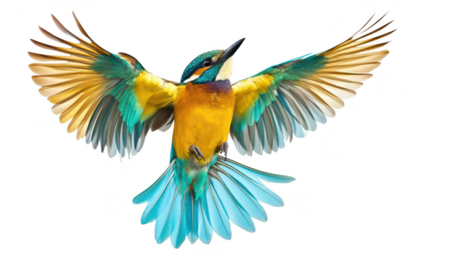 A bird with striking blue and orange feathers is captured in mid-flight against a white background. its wings spread wide. symbolizing freedom and grace