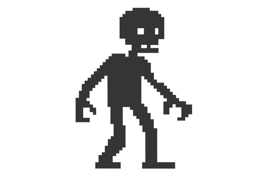 Gray pixelated monster character walks forward isolated against the white background for game assets