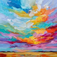 Vibrant Abstract Sky with Colorful Clouds at Sunset over Landscape