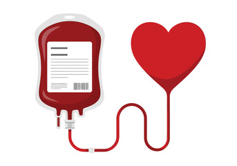 Vector illustration of blood bag connected to a heart symbol, representing blood donation and saving lives