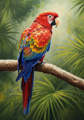 Oil painting of a vibrant parrot on a tropical branch, showcasing luminous reds, blues, and greens in layered strokes.