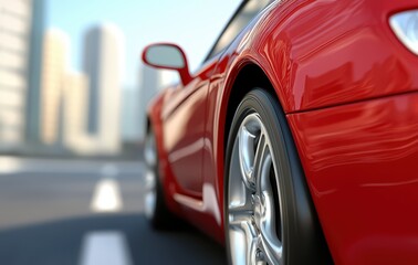Stunning Close-Up of a Red Sports Car on Urban Road with Cityscape