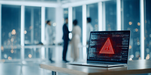 Cybersecurity warning on laptop in bright office with blurred business team