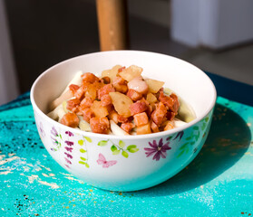 Italian Fusilli Pugliesi, Smoked Pancetta, Yellow Bell Pepper in a Bowl, Gourmet Pasta