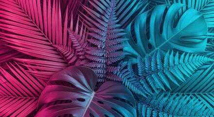 A vibrant close-up of lush tropical foliage, illuminated by a striking gradient of neon pink and electric blue light.