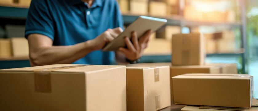 The warehouse worker checking inventory using a tablet among packed boxes.