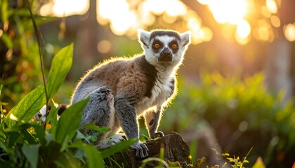 Fototapeta premium Ring-tailed lemur in golden sunlight
