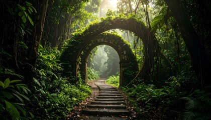 Walking Path Through Arched Structures in a Lush Green Forest
