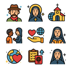 Frances xavier cabrini icons show religious figures helping in aid groups. Suitable for religious, social services, and multicultural designs and projects.