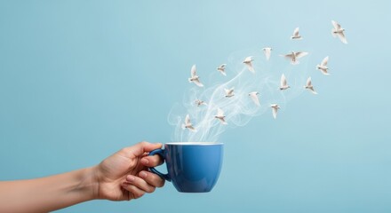 A hand holding a blue mug from which white doves and steam are rising against a light blue background.