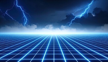 Lightning Storm Over Glowing Grid Futuristic Background.