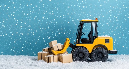 Toy construction vehicle lifting boxes in snowy winter scenery